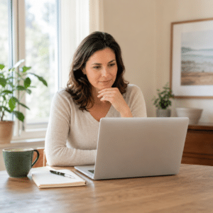 Woman reviewing a potentially predatory online research opportunity on a laptop